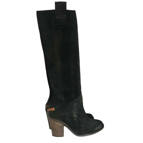 Free People Shoes - Free People Tall Boots Black Suede Tan Whipstitch Block Heel Size 38 US 7.5